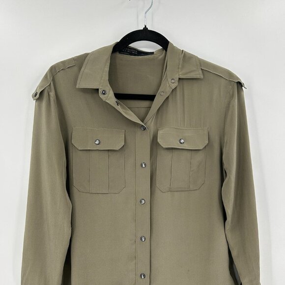 ALL SAINTS 100% Silk Army Green Pearl Snap Button Up Lightweight Blouse Size 0 - Picture 3 of 6